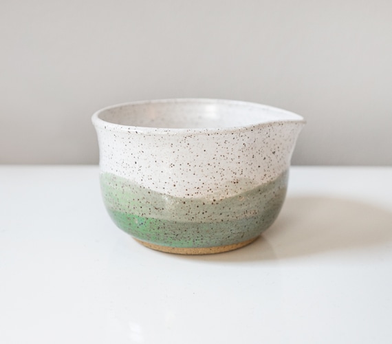 Speckled Ceramic Matcha Bowl With Spout, Pink and White, Matcha