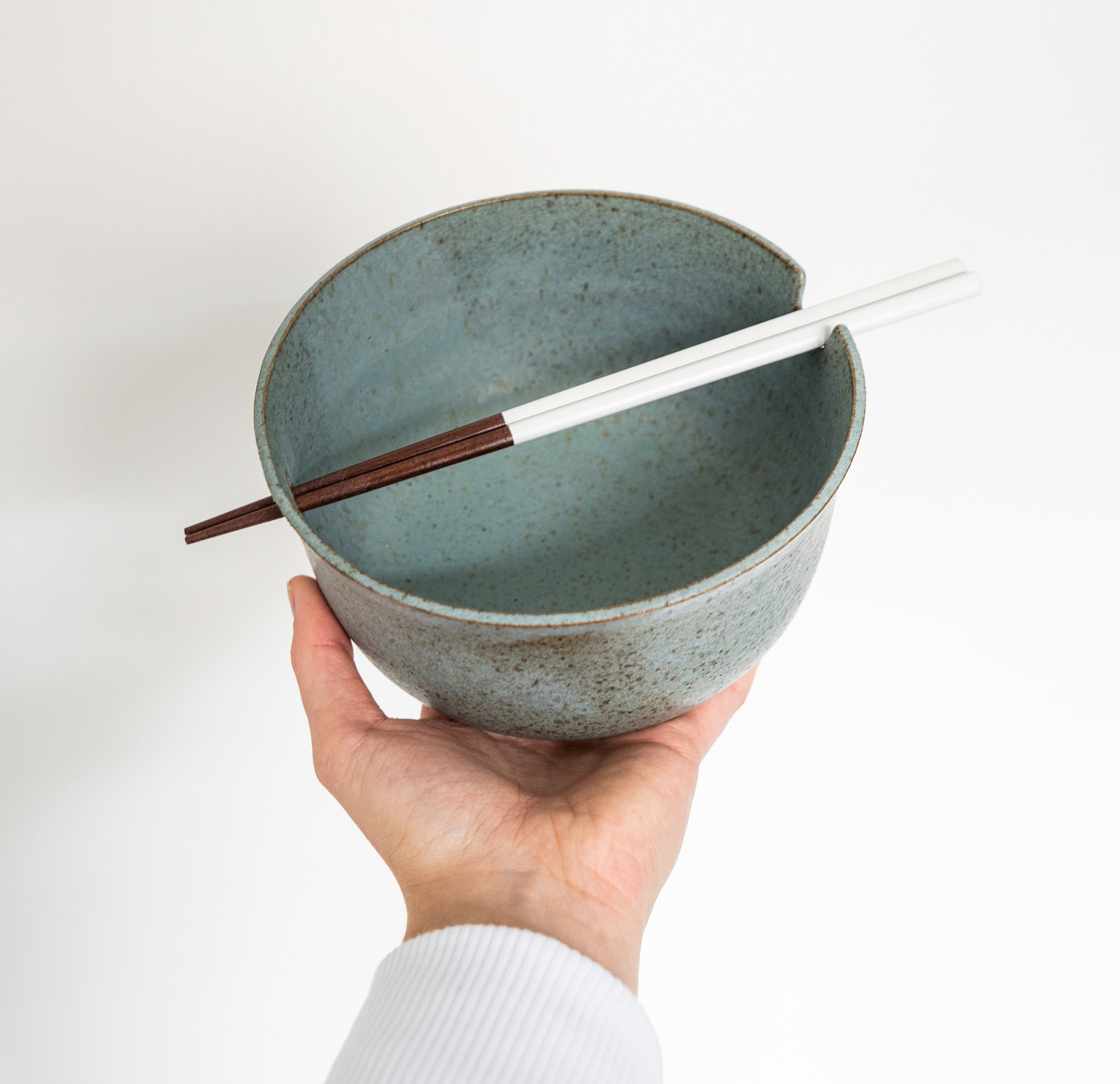Speckled Sage Blue Ramen Bowl with Holes and Chopsticks Etsy