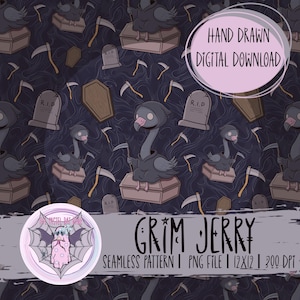 May include: A seamless pattern featuring Grim Jerry, a cartoon swan dressed as the Grim Reaper, holding a scythe. The design includes tombstones, coffins, and scythes on a dark blue background. The text "HAND DRAWN DIGITAL DOWNLOAD" is visible.