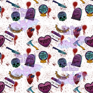 May include: A white background with a repeating pattern of various true crime themed illustrations. The illustrations include a heart with the word "murder" on it, a skull with the words "stay in the forest", a tombstone with the words "true crime junkie", a crystal ball with the words "the husband did it", a bat, a bloody axe, a bloody knife, a bloody heart with the words "true crime", and a name tag with the words "hello jane doe".