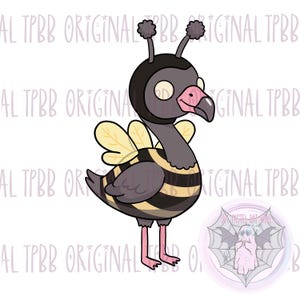 May include: A whimsical illustration of a bird-bee hybrid creature. The creature has a gray body with black and yellow stripes, yellow wings, and a black head with antennae. Its beak and legs are pink. The image has a cartoonish style.