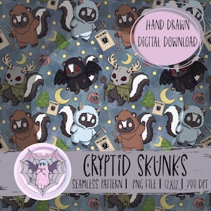 May include: A digital download seamless pattern featuring cartoon cryptid skunks in various colors, including brown, gray, and black, with horns, antlers, and capes. The background is a dark blue with stars, moons, and trees. The text says "CRYPTID SKUNKS" and "HAND DRAWN DIGITAL DOWNLOAD".