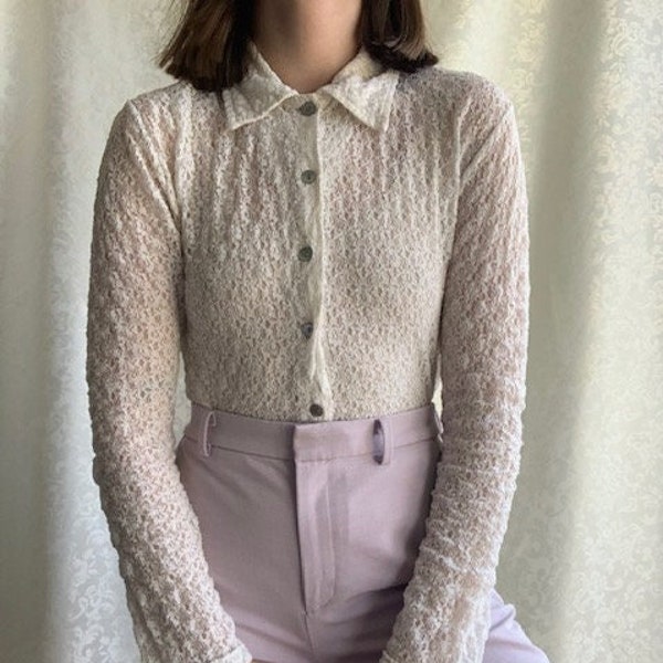 Vintage ivory lace floral blouse with long sleeves and buttons up - classic romantic semi sheer top - victorian edwardian style