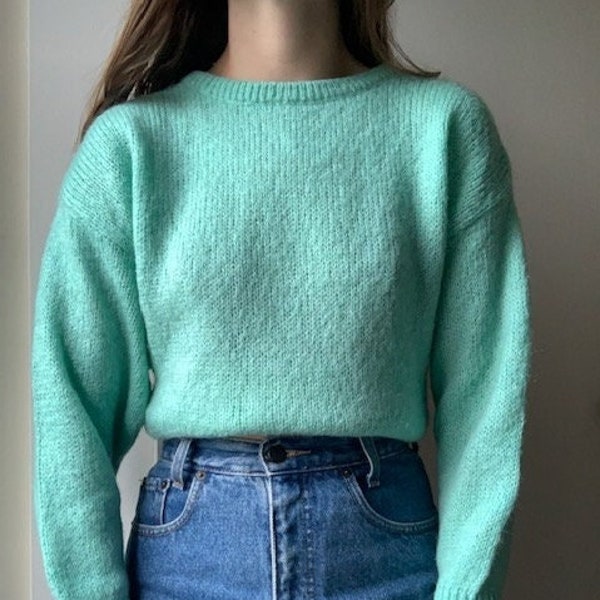 Vintage 1980er Jahre Wolle United Colors of Benetton leuchtend grün blau gefärbt minimalistischer Basic Pullover Strickwaren - Langarm Rundhalsausschnitt