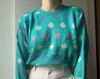 Vintage vibrant colored blue green colored polka dot rainbow knitted sweater - cuter funky retro 1980s style jumper - crew neck long sleeve