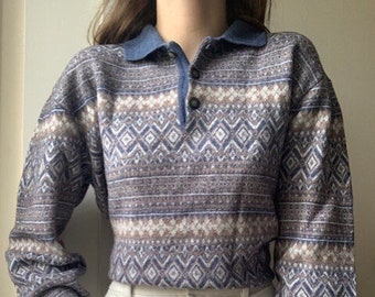 Vintage 1980s ITALY Mapier WOOL knitted polo style fair isle boho patterned sweater jumper - unisex style knitwear - grandpa sweater