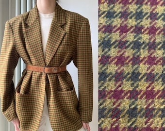 blazer vintage WOOL oversize des années 1980 - motif Houndstooth - brun rouge vert coloré - blazer unisexe - veste italienne