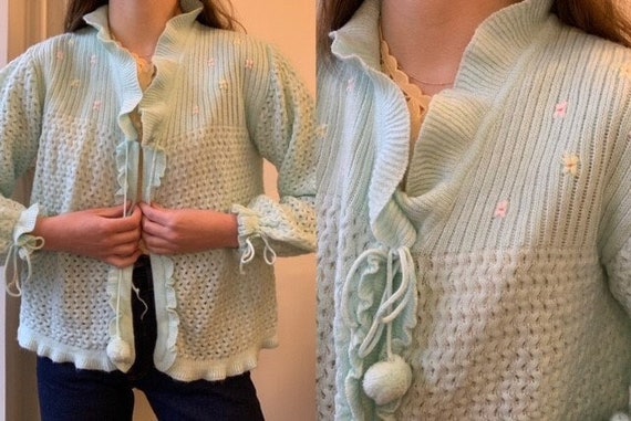 Vintage 1960s soft mint colored knitted cardigan … - image 1