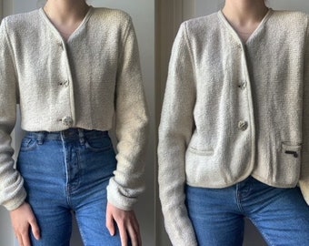 Vintage 1980s Austrian Trachten cardigan by Stapf - 100% schurwolle - pure WOOL - cream beige colored knitted with silver folkore buttons