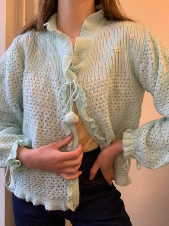 Vintage 1960s soft mint colored knitted cardigan … - image 2