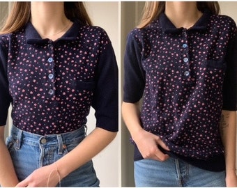 Vintage 1970s Italian WOOL polo style navy blue shirt knitwear with pink rose flower pattern - Rare luxury vintage item - unisex style top