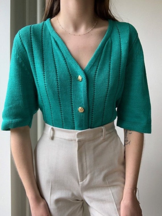 Vintage 1980s vibrant green blue colored knitted … - image 2