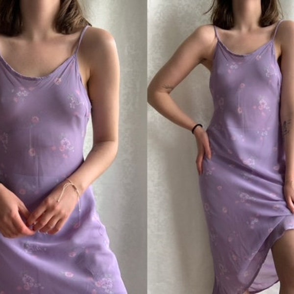 Vintage 1970s soft lilac purple colored midi slip on dress with sweet boho flower print - vintage lingerie strap dress - summer dress