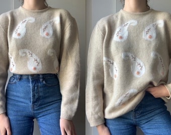 vintage années 1980 Angora WOOL pull tricoté super doux avec fleurs et roses brodées en 3D - joli pull de style romantique