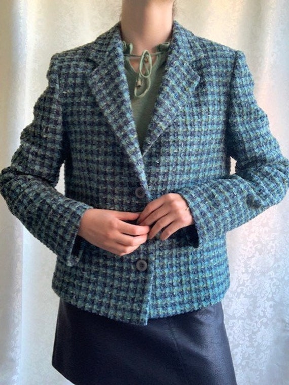 Vintage 1990s TWEED style blazer jacket - green b… - image 4