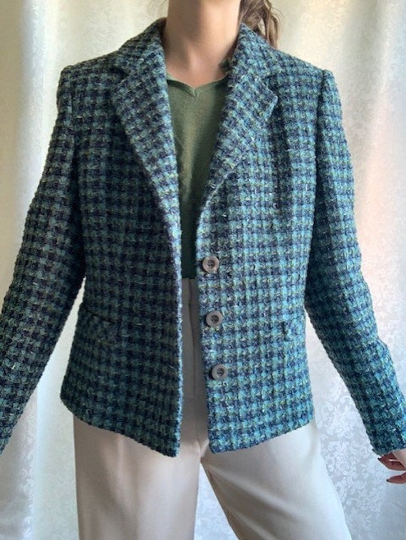Vintage 1990s TWEED style blazer jacket - green b… - image 3
