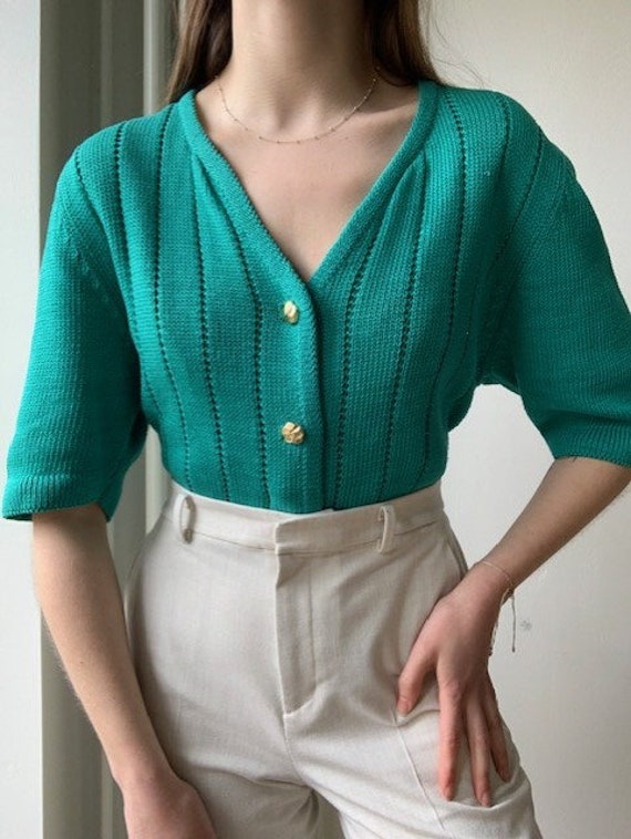 Vintage 1980s vibrant green blue colored knitted … - image 4