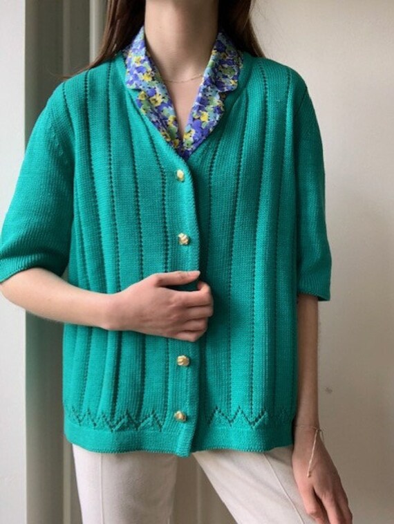 Vintage 1980s vibrant green blue colored knitted … - image 5