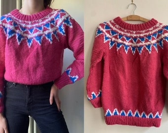 Vintage 1970s hand knitted WOOL fair isle jumper - vintage sweater - vibrant pink blue white - winter ski style - nordic jumper