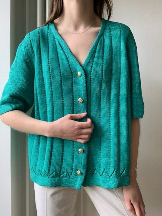 Vintage 1980s vibrant green blue colored knitted … - image 3