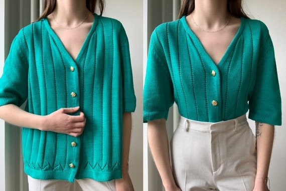 Vintage 1980s vibrant green blue colored knitted … - image 1