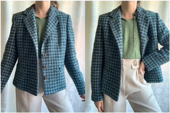 Vintage 1990s TWEED style blazer jacket - green b… - image 1