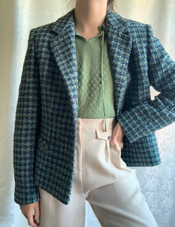 Vintage 1990s TWEED style blazer jacket - green b… - image 2