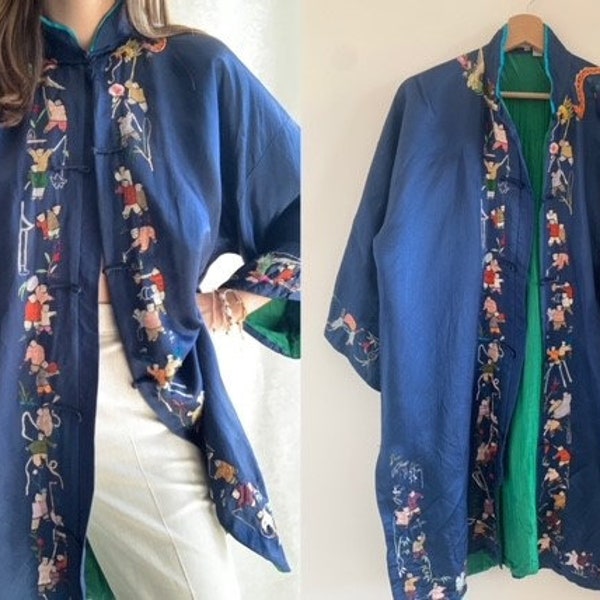 vintage Rare SILK brodé à la main bleu marine kimono style cardigan - doublure verte - délicat romantique classique boho style chinois kimono