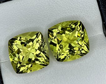 Par de Gemas de Quartzo Dourado Verde Natural | 15 Ct AAA Corte Almofada