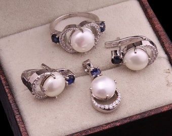 Pearl & Blue Sapphire Jewelry Set, 925 Sterling Silver