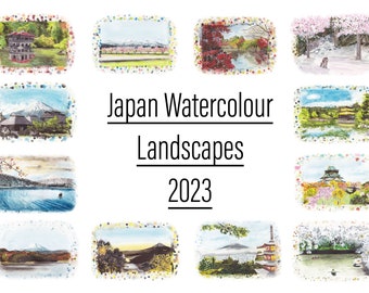May include: A collection of watercolor paintings depicting various landscapes in Japan. The paintings are framed with colorful dots and the title "Japan Watercolor Landscapes 2023" is written in black text.