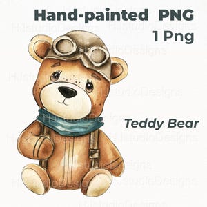 Handgemalter Aviator Teddybär PNG, niedlicher Aquarell Pilot Bär Clipart für Baby Sublimation, Kinderzimmerdekor, Babyparty DIY Handwerk