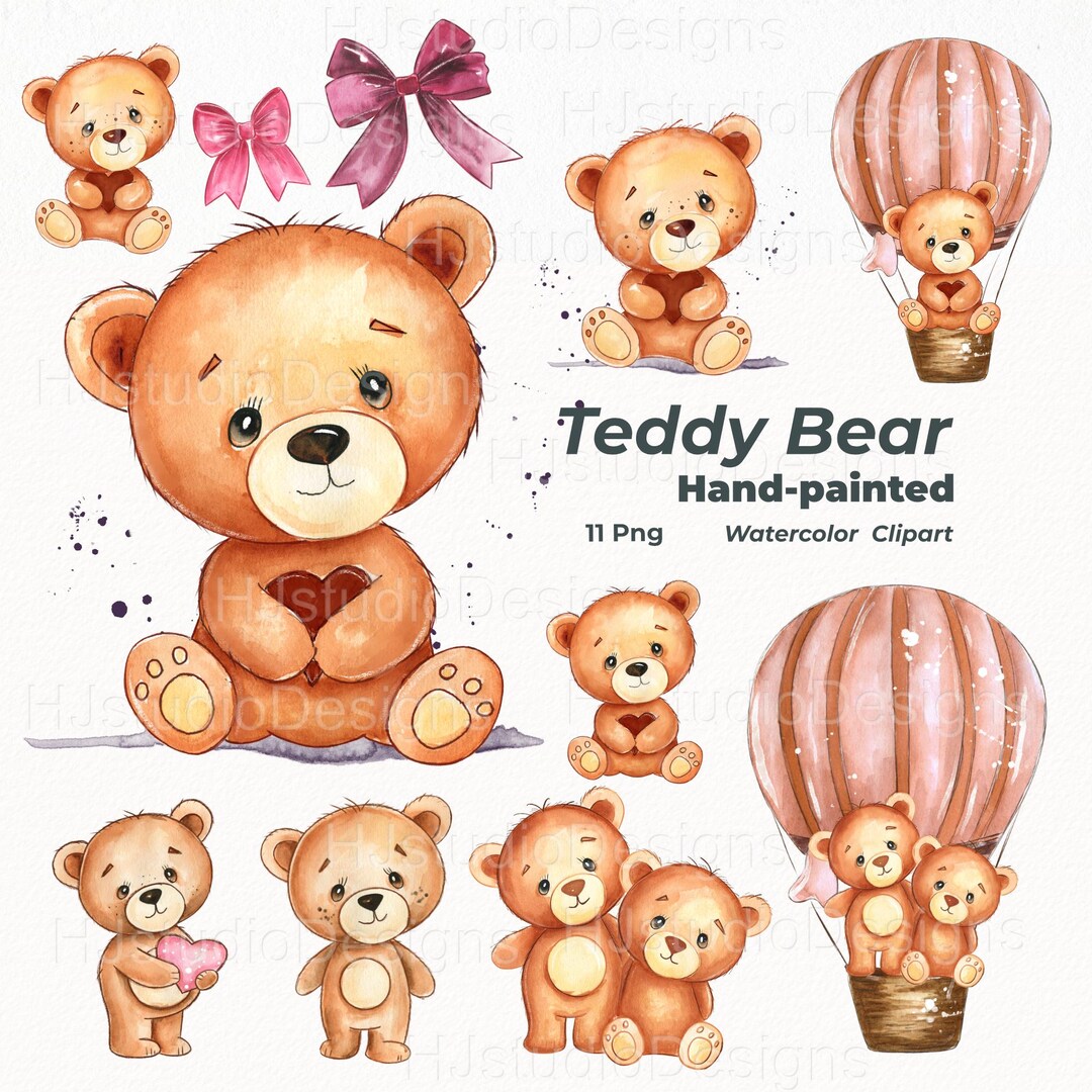 Watercolor Teddy Bear Clipart Bundle / Hand-painted Baby Bear PNG Set ...