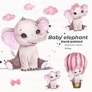 Aquarell Baby Mädchen Elefant Clipart Set / Handgemalter rosa Elefant PNG / Heißluftballon Kinderzimmer Deko / niedliches Tier Digital Download