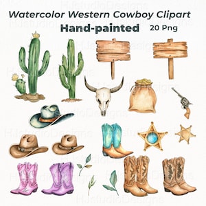 Watercolor Western Cowboy Clipart PNG Bundle / Hand-painted Rustic Wild West Graphics / Boho Desert Digital Download
