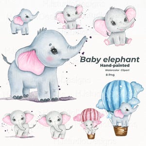 Aquarell Baby Elefant Clipart Set / Handgemalte Kinderzimmer Tiere PNG / Heißluftballon & Wolken Digital Download / Babyparty Kunst
