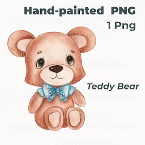 Handgemalte niedliche Aquarell Teddybär Schleife Sublimation PNG, Kinderzimmer Wandkunst, Babyparty DIY Handwerk Design