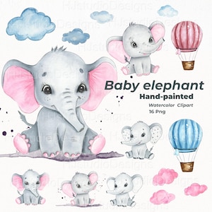 Aquarell Baby Elefant Clipart Set / Handgemalte Kinderzimmer Tiere PNG / Heißluftballon & Wolken Digital Download / Babyparty Kunst