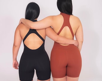 Women’s Shaping Zip Front Romper, Open Back Seamless Gym Romper