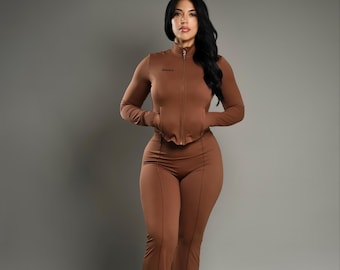 Women’s Flare Activewear Set, Zip-Up V-Cut Jacket & High Waisted Leggings