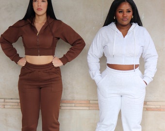 Women’s Fleece Lined Sweat Set, Zip-Up Hoodie & Adjustable Waist Sweatpants, Cozy Warm Activewear