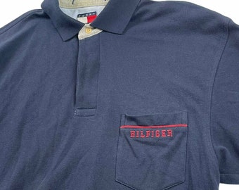 Vintage Tommy Hilfiger Polo Shirt Dark Blue Red Spell Out Mens L Short Sleeve
