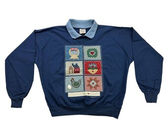 Valories Folk Art Applique Sweatshirt Womens Medium M Blue Quilts Chicken