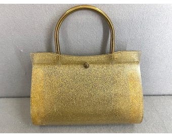 Vintage 1950s Gold Glitter Lucite Handbag Mid Century Modern Evening Bag Clasp