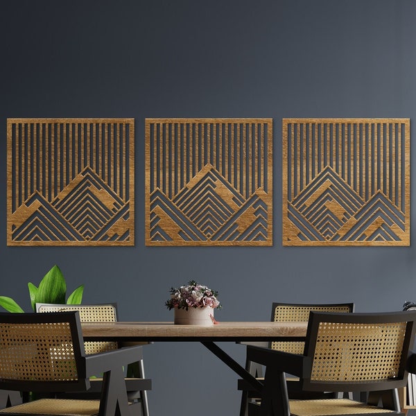 Mountain with lines panel, Mountain Wall Hanging, Geometric Wooden wall decor, Modern wood wall art set, Large wood wall art