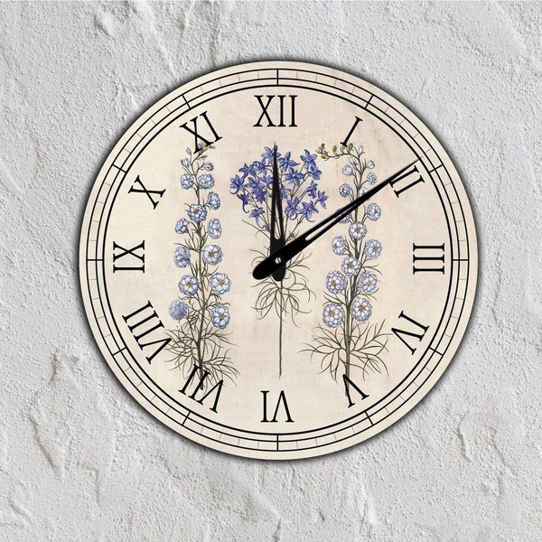 Horloge murale à trois fleurs, horloge florale champêtre, horloge murale de cuisine, horloge fleurs sauvages, grande horloge avec fleur, horloge murale florale unique