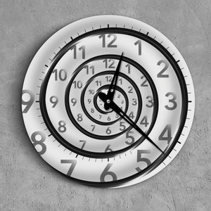 May include: A white clock with black numbers and hands. The numbers are arranged in a spiral pattern, creating a unique and modern design.