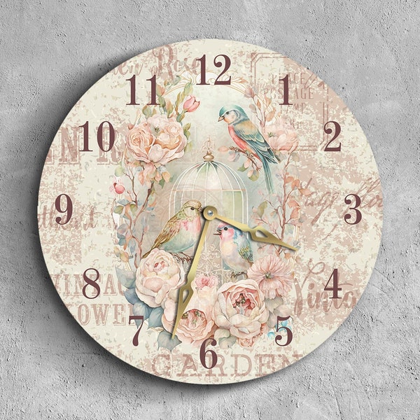 Horloge murale oiseau, horloge Shabby chic, horloge murale vintage, horloge murale unique, horloge féminine, horloge murale rétro, petite horloge murale