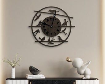 Birds wall clock, Birds on branch clock, Nature wall clock, Wooden wall clock, Botanical wall clock, Oversized wall clock, Rustic wall clock