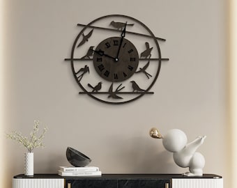 Birds wall clocks, Nursery wall clock, Animal wall clock, Birds on twig clock, Nature wall clock, Birds on branch clock, Roman numeral clock